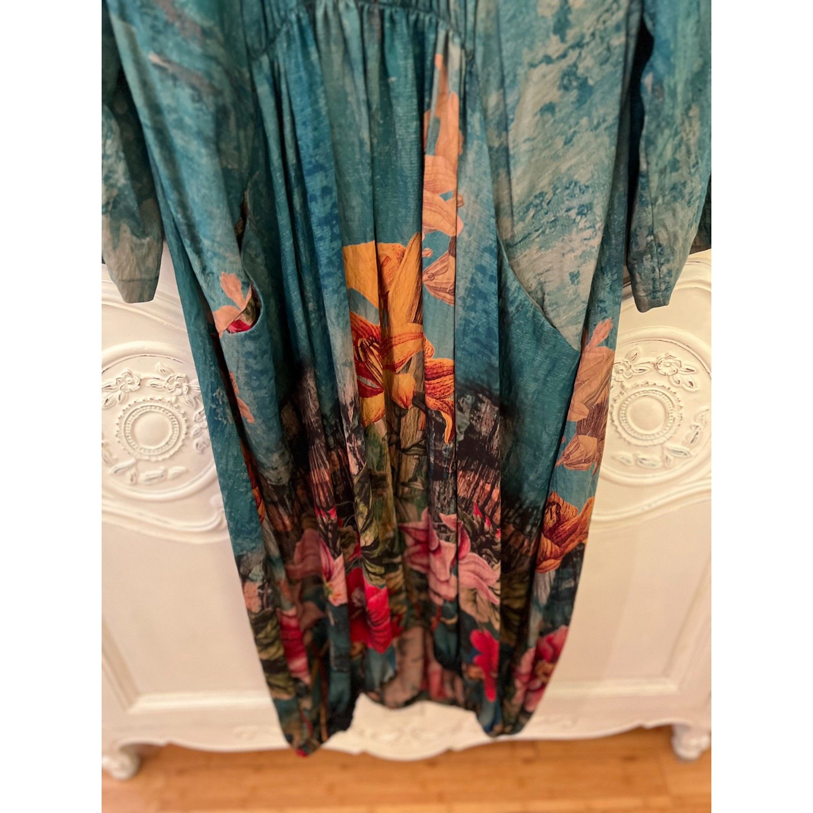 Morimiss Teal Floral Boho Maxi Dress Long Sleeve Empire Waist O/S Nwt — image 6 of 8